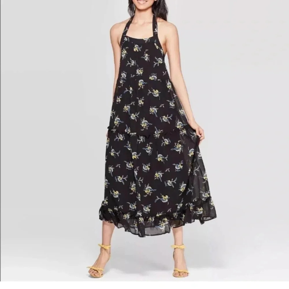 Who What Wear Women's Floral Flowy midi Dress Black Sleeveless Size M